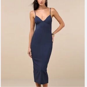 NWT New Lulus Elegant Fitted Navy Blue Women’s Midi Dress Medium